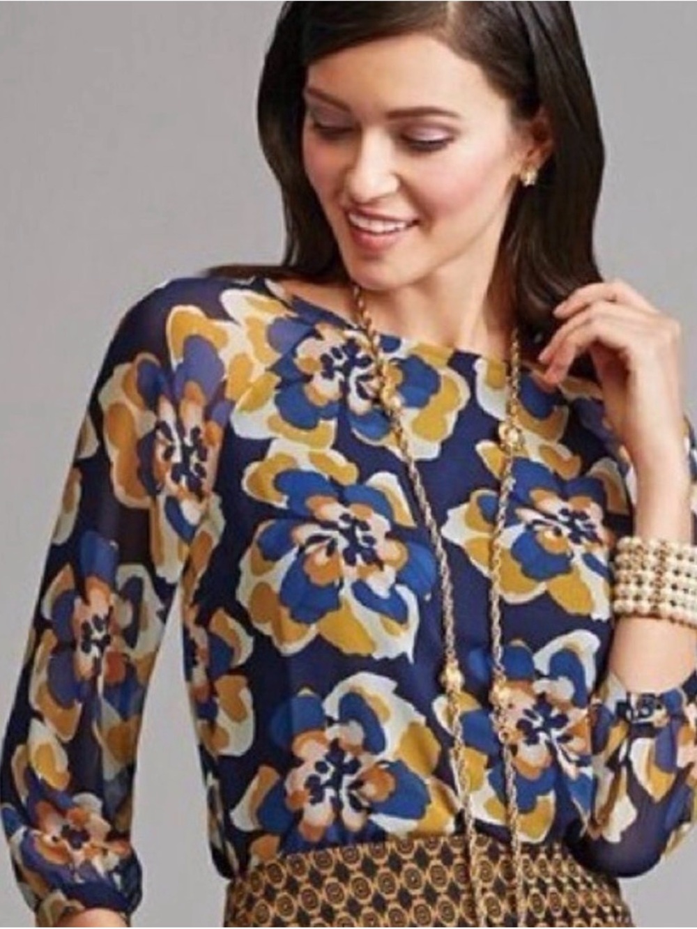 CAbi Lydia Floral Blouse - Blue & Mustard